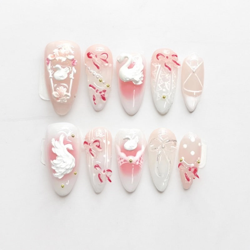 Ballet Swan Almond Press on Nails - 10 Pcs