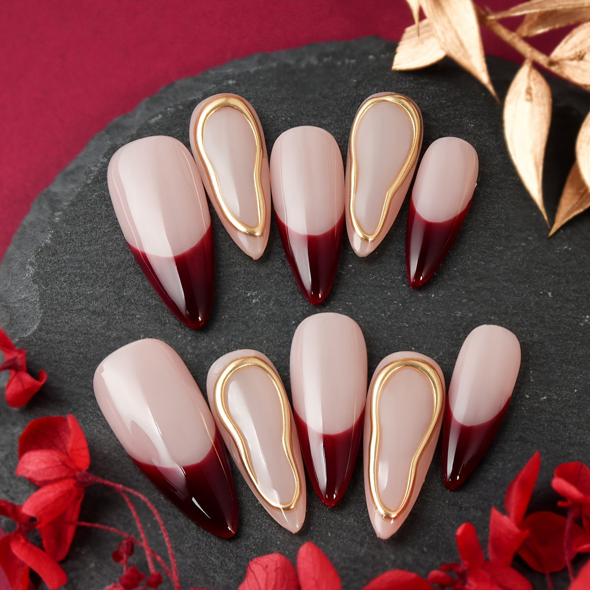 French Red and Gold - 10 pcs almond press-on nails