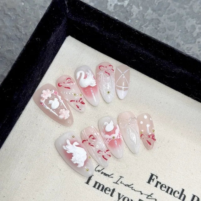 Ballet Swan Almond Press on Nails - 10 Pcs