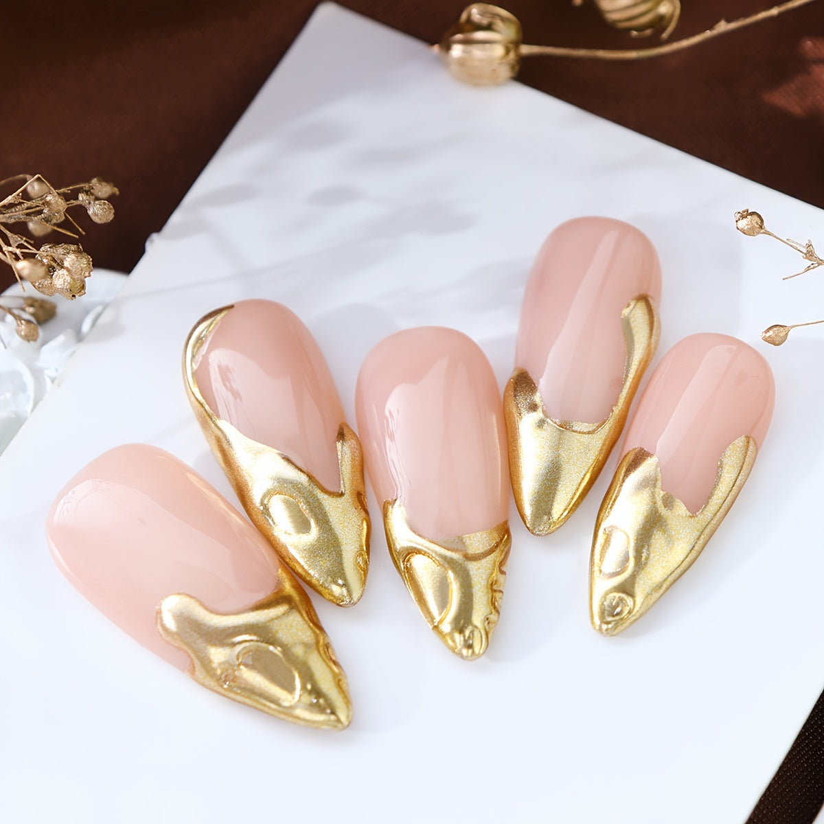 Golden Accents French - 10Pcs Almond Press On Nails