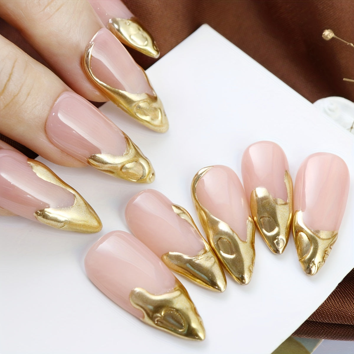 Golden Accents French - 10Pcs Almond Press On Nails