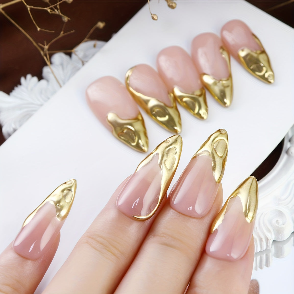 Golden Accents French - 10Pcs Almond Press On Nails