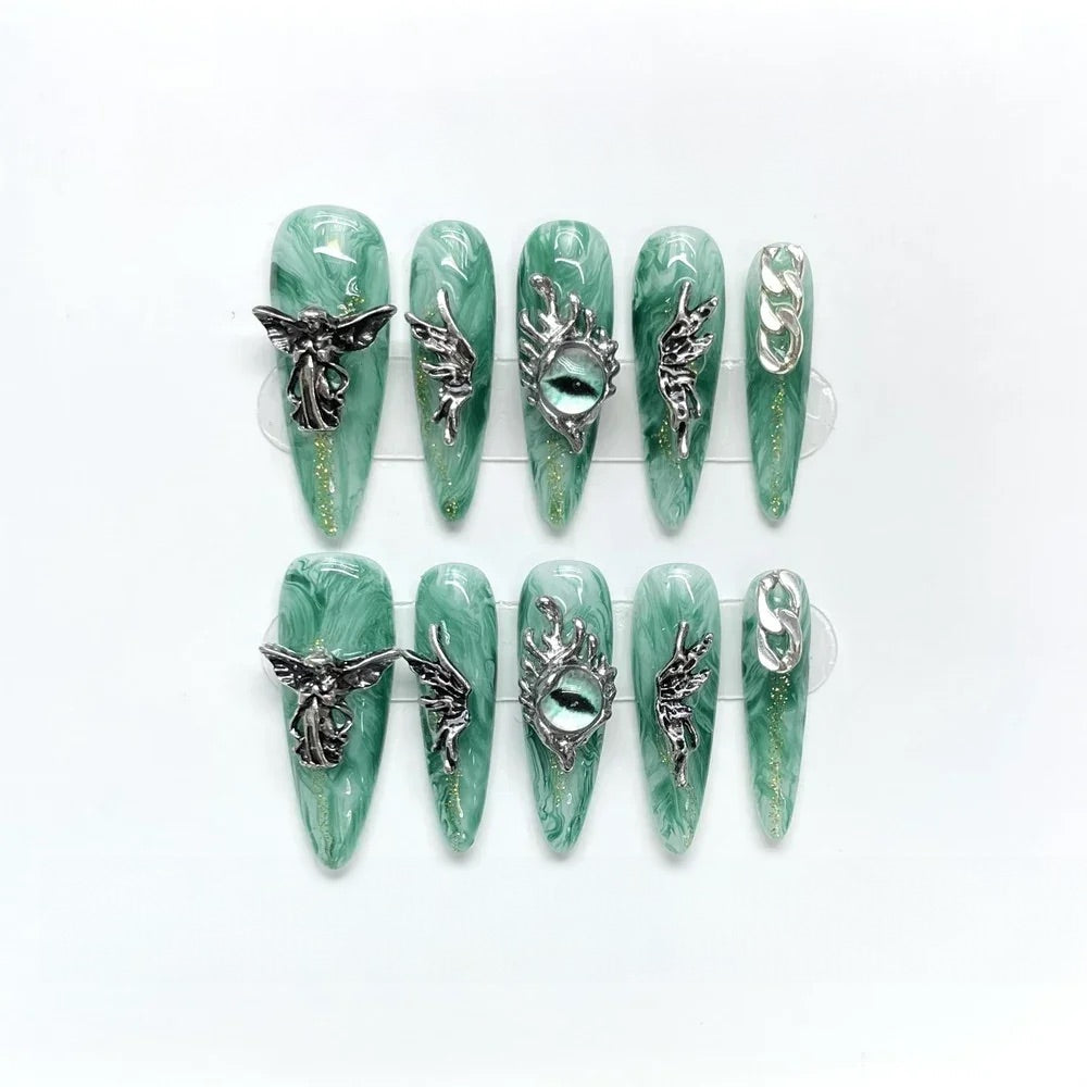 Enchanted emerald dragon press on nails - 10 pcs set