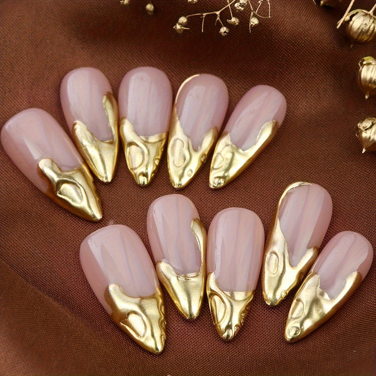 Golden Accents French - 10Pcs Almond Press On Nails