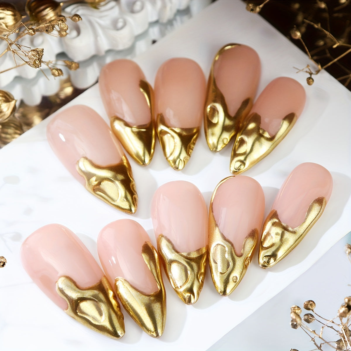 Golden Accents French - 10Pcs Almond Press On Nails